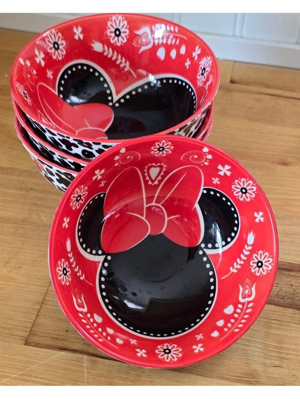 Disney Minnie Mouse Ceramic Tidbit Bowls Red Black Boho Floral Set of 4
